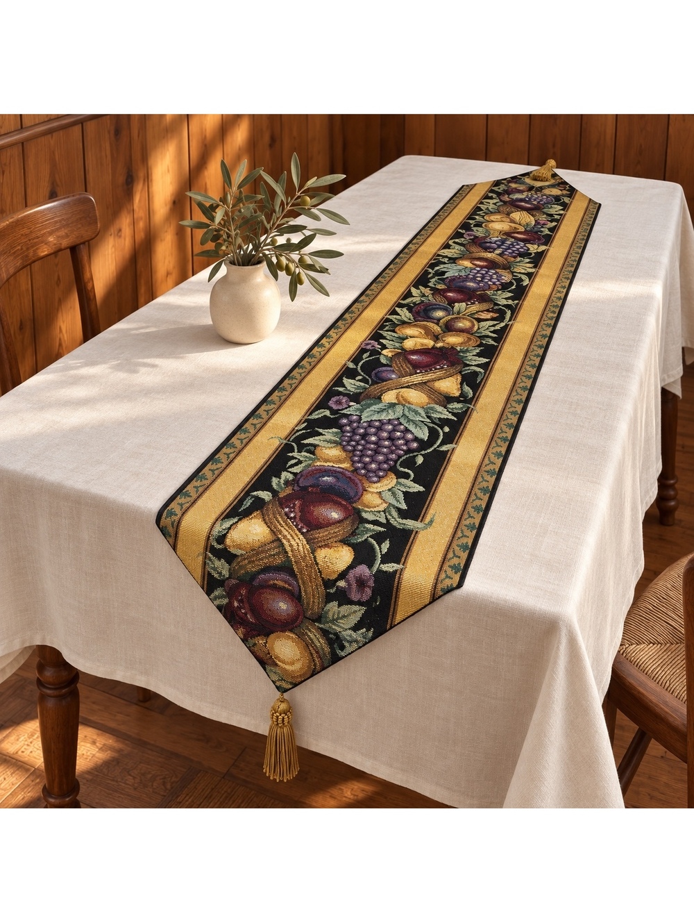 Fruit Tapestry Table Runner Old World Italy Gold Tassels Tuscan Decor